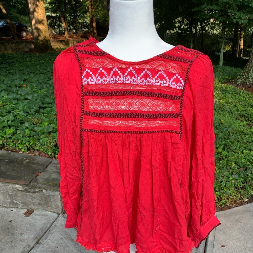 Free People Red embroidered blouse